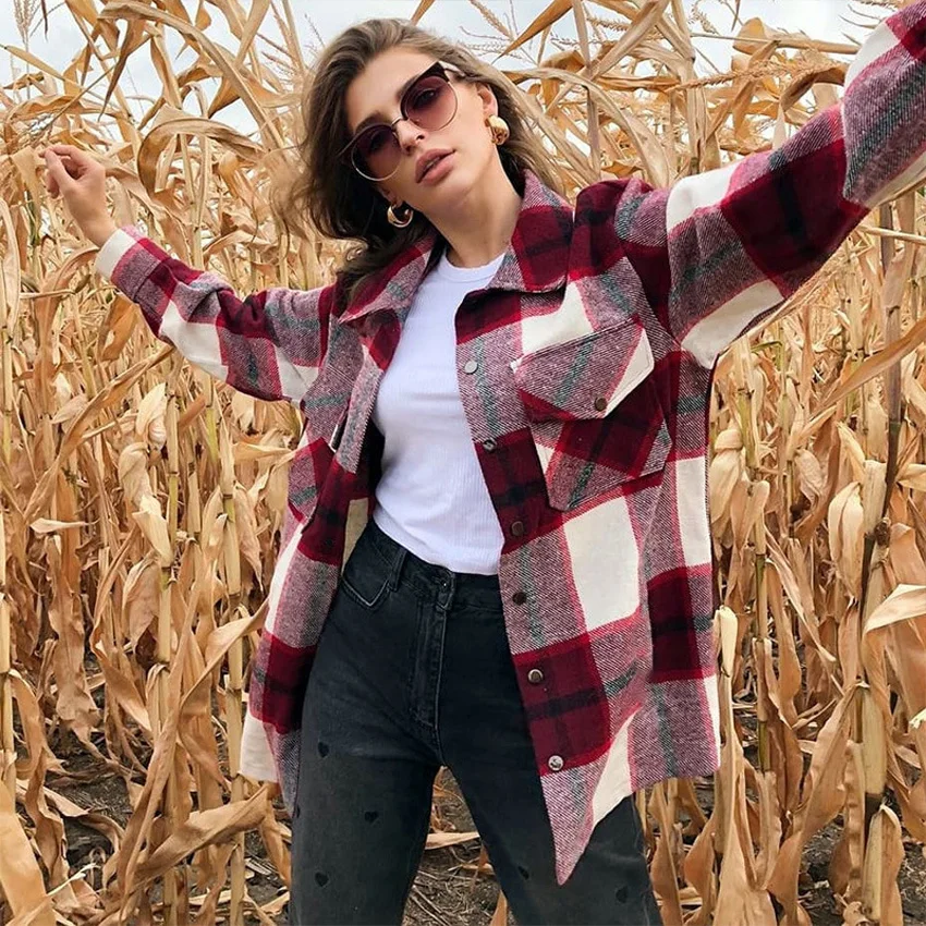 

Plaid Long Coat Jacket Casual Women Thick Pocket Jacket Autumn Long Sleeve Coats 2020 Women Cothes Female Warm Coats Ladies