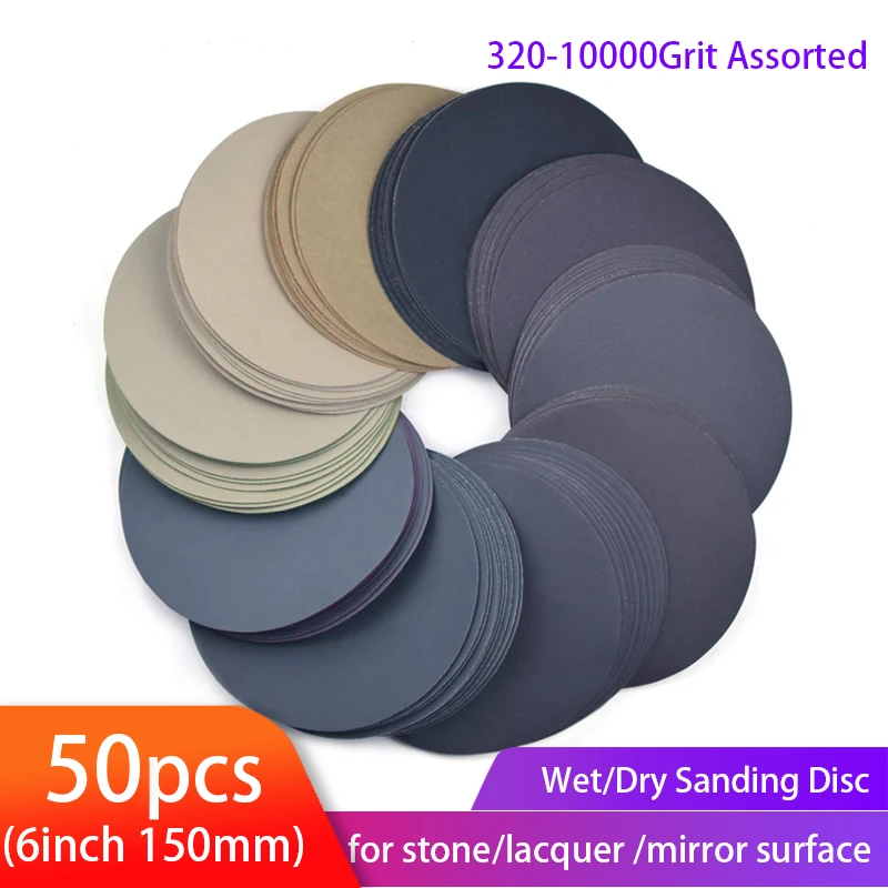 

New 6inch sanding discs 150mm Waterproof Sandpaper Hook & Loop Sand paper 320-10000 grit Assorted for Wet/Dry Polishing 50pcs