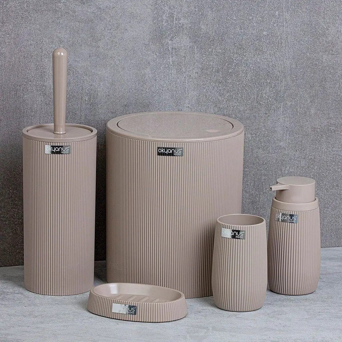 

5 Piece Bathroom Accessories Set Mint with Trash Can Toothbrush Holder Soap Dispenser Soap and Lotion Set Striped Round