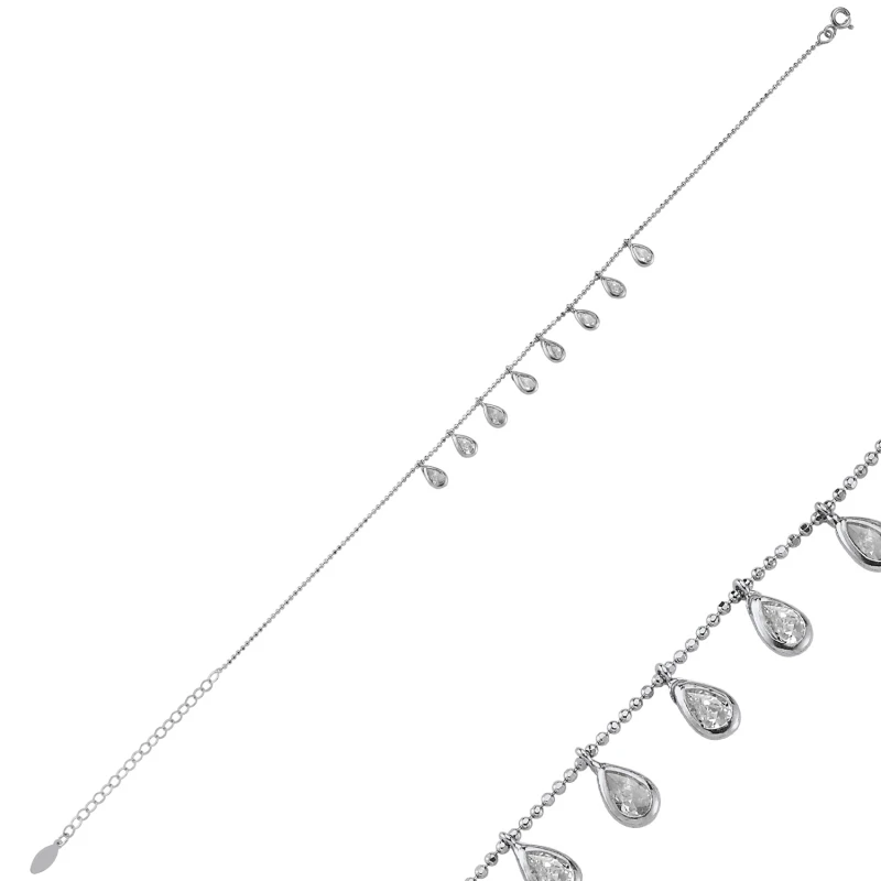 Silver 925 Sterling Dangle Drop Zircon Cubic Zirconia Anklet