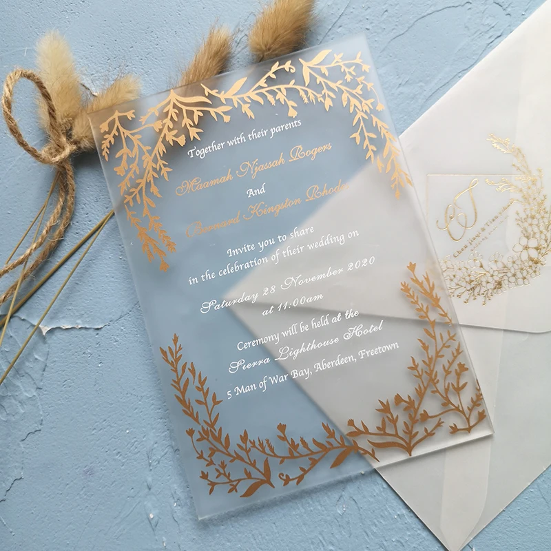 Tarjetas de invitación de boda de acrílico, 10 piezas, escritura dorada personalizada impresa con sobre, tarjeta de invitación de boda