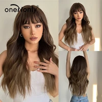 onenonly long wave woman wigs brown wig with bangs daily natural synthetic wigs heat resistant fiber hair