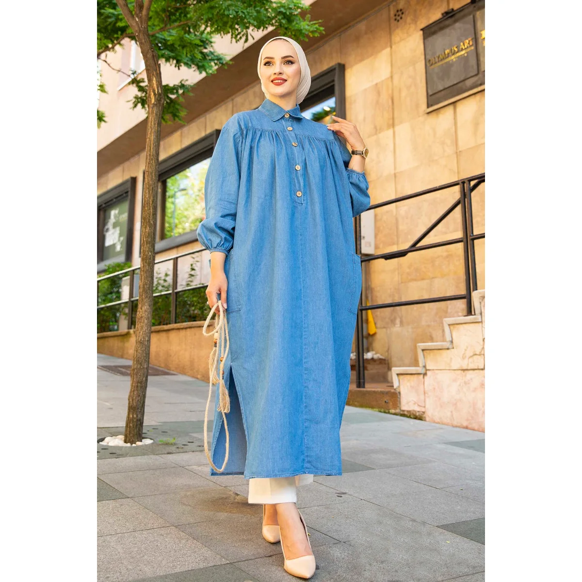 Длинные джинсовые туники для женщин 2021 мусульманская мода женская блузка мусульманская длинная рубашка хиджаб платье замкнутая модная мус...