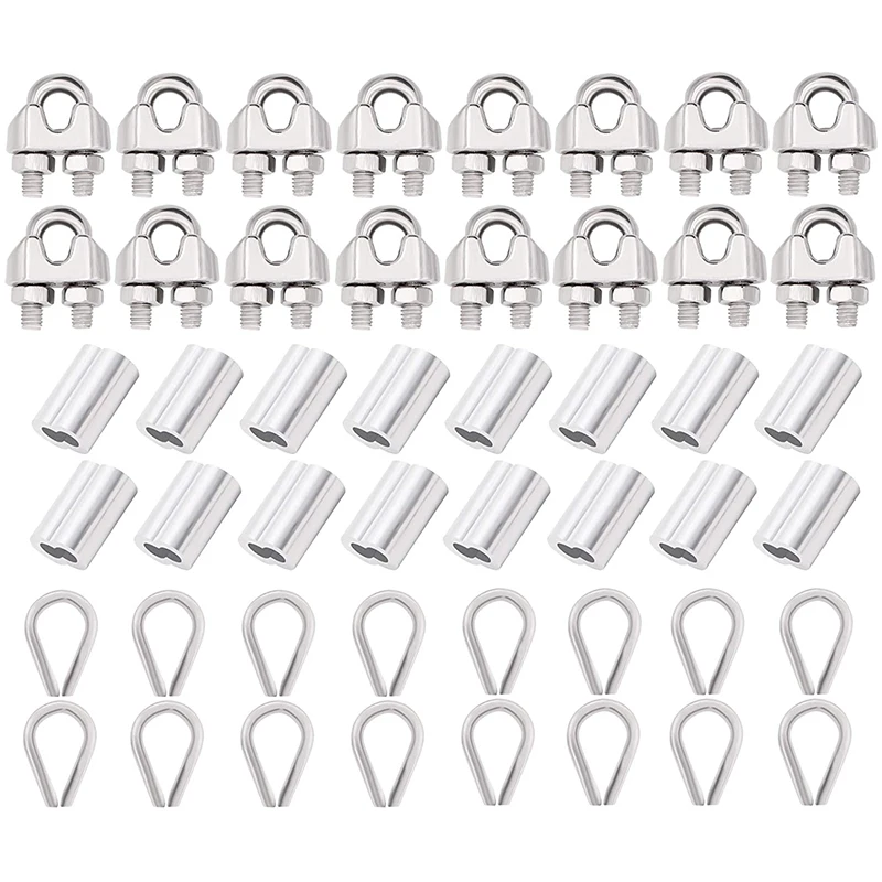 304 Stainless Steel 16pcs Wire Rope Cable Clip/Clamp 16pcs Thimble 16pcs Aluminum Crimping Loop for 1/8 Inch Wire Rope Cable M3