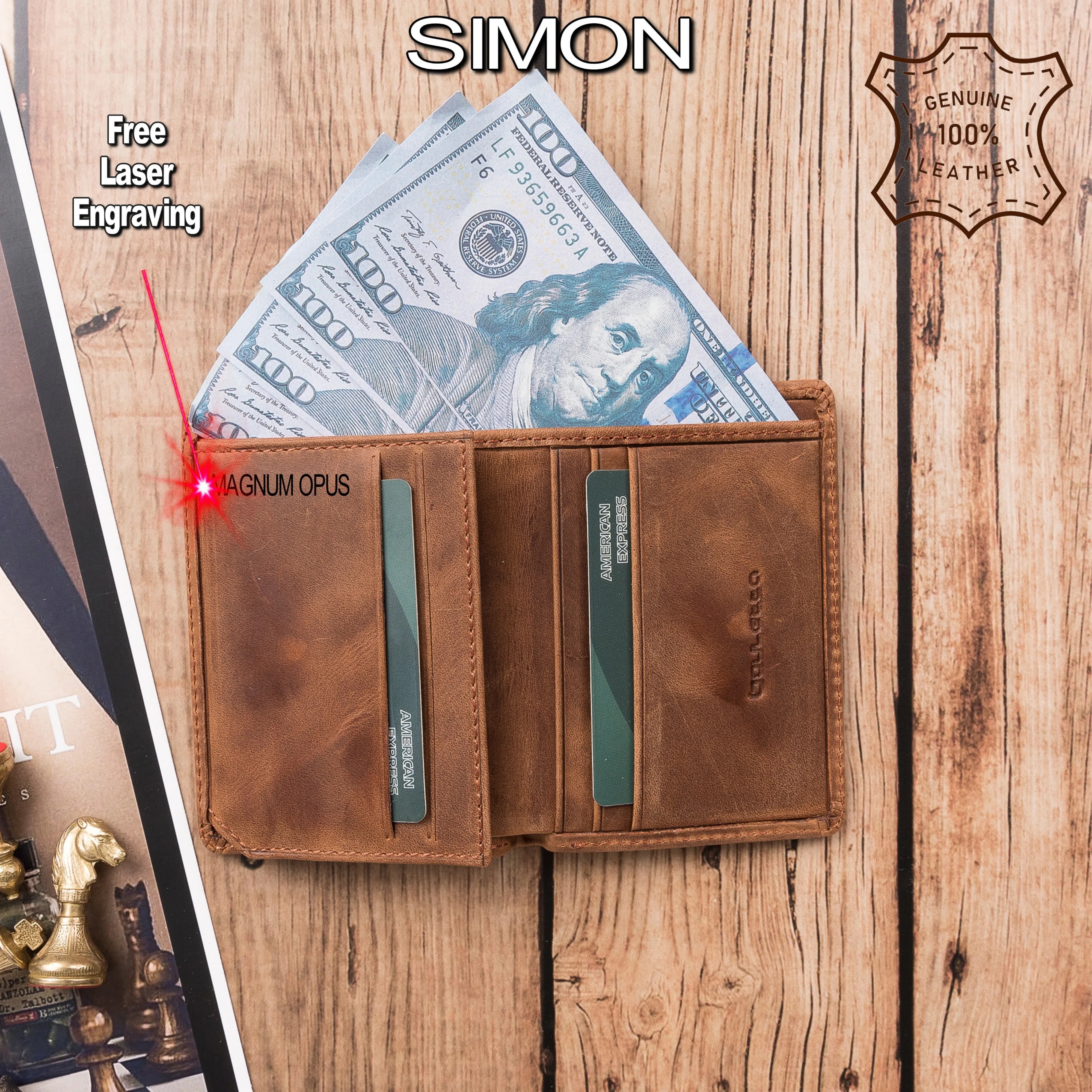 Handmade Genuine Leather Card Holder Wallet Book Type Closure that Holds up to 7 Cards and Paper Money High Quality Elegant