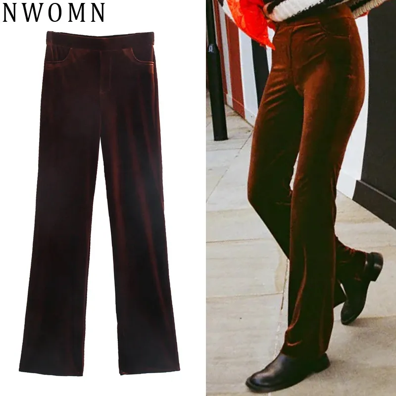 

Za 2021 Velvet Brown Pants For Women High Waist Flare Pants Female Fashion Black Woman Trousers Fall Casual Vintage Velvet Pant