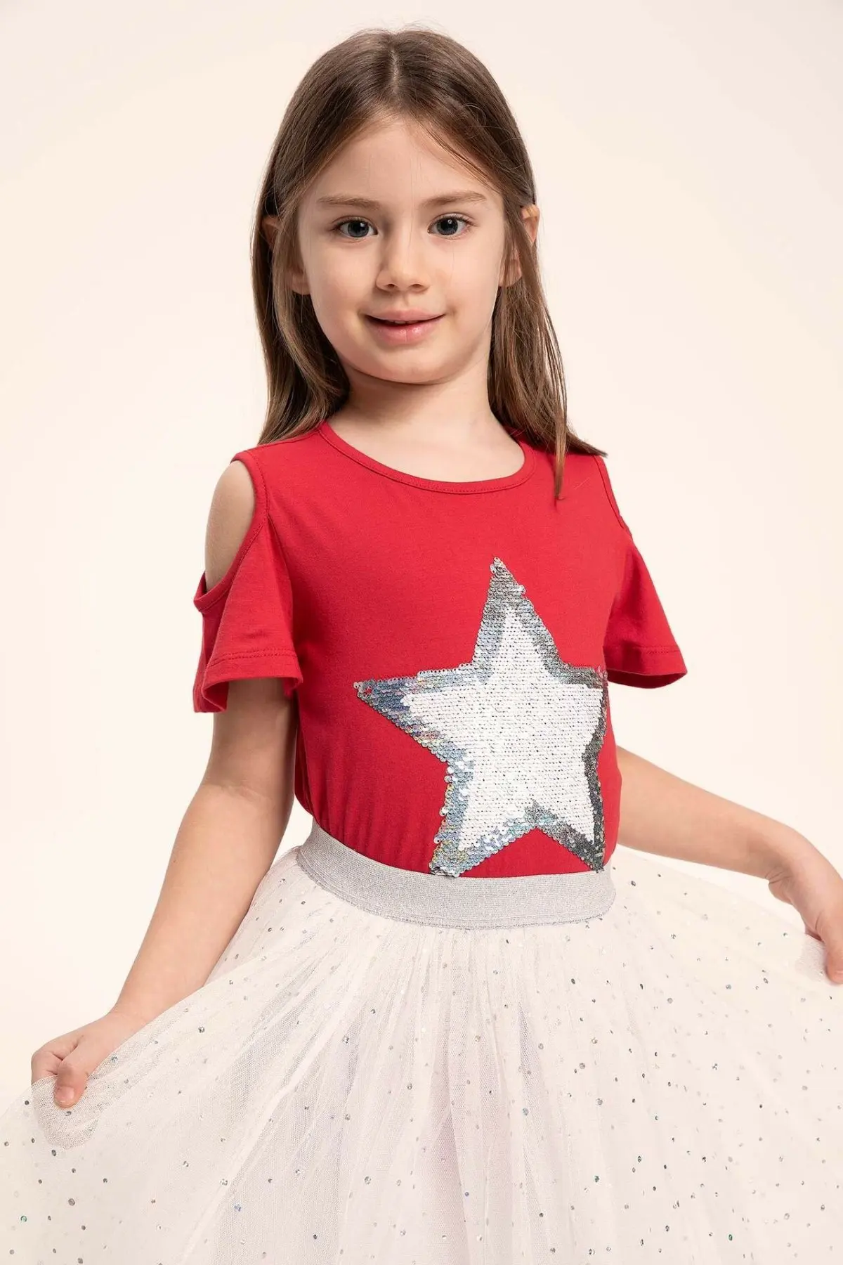 DeFacto/летние серебристые футболки с блестками для девочек Повседневная Красная