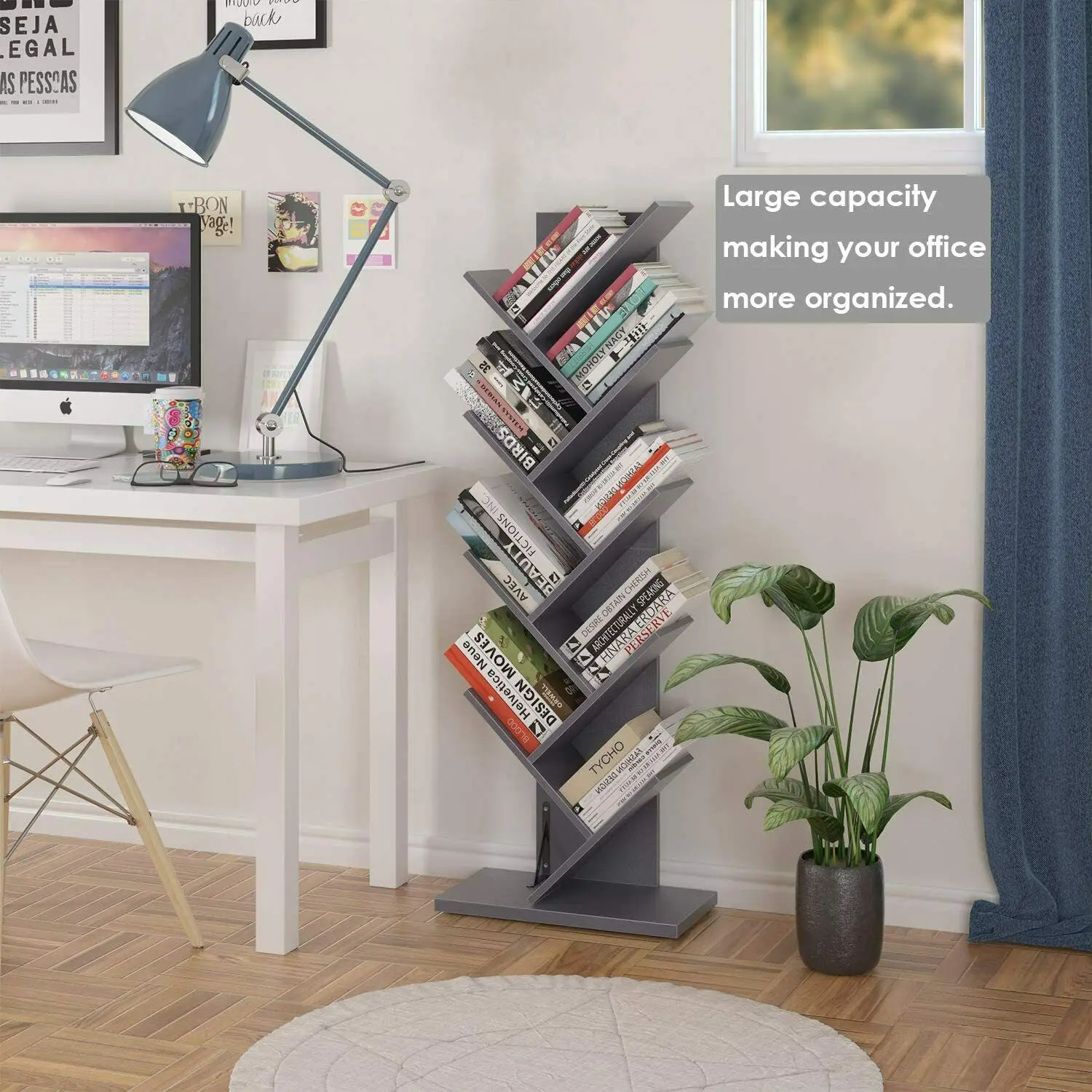 

9 Shelf Wood Tree Bookshelf Bookcase Display Storage Rack Free Standing US