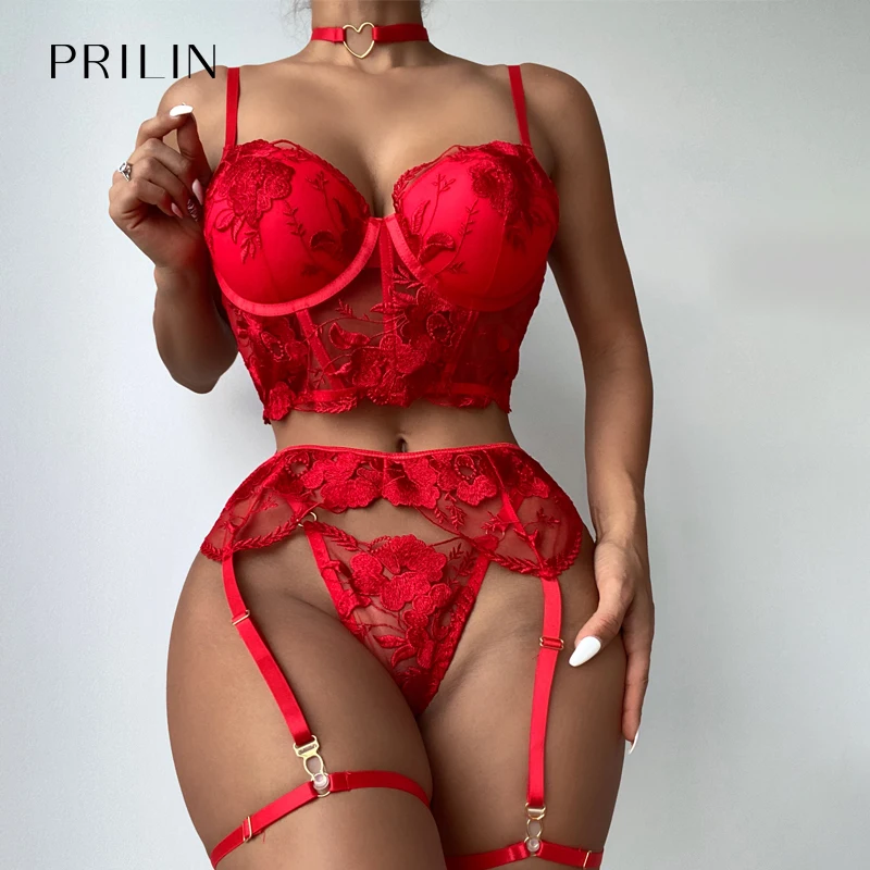 

PRILIN Floral Embroidery Red Lingerie for Women 3 Pieces Transparent Push Up Bra Sexy Underwear with Choker Suspender Belt