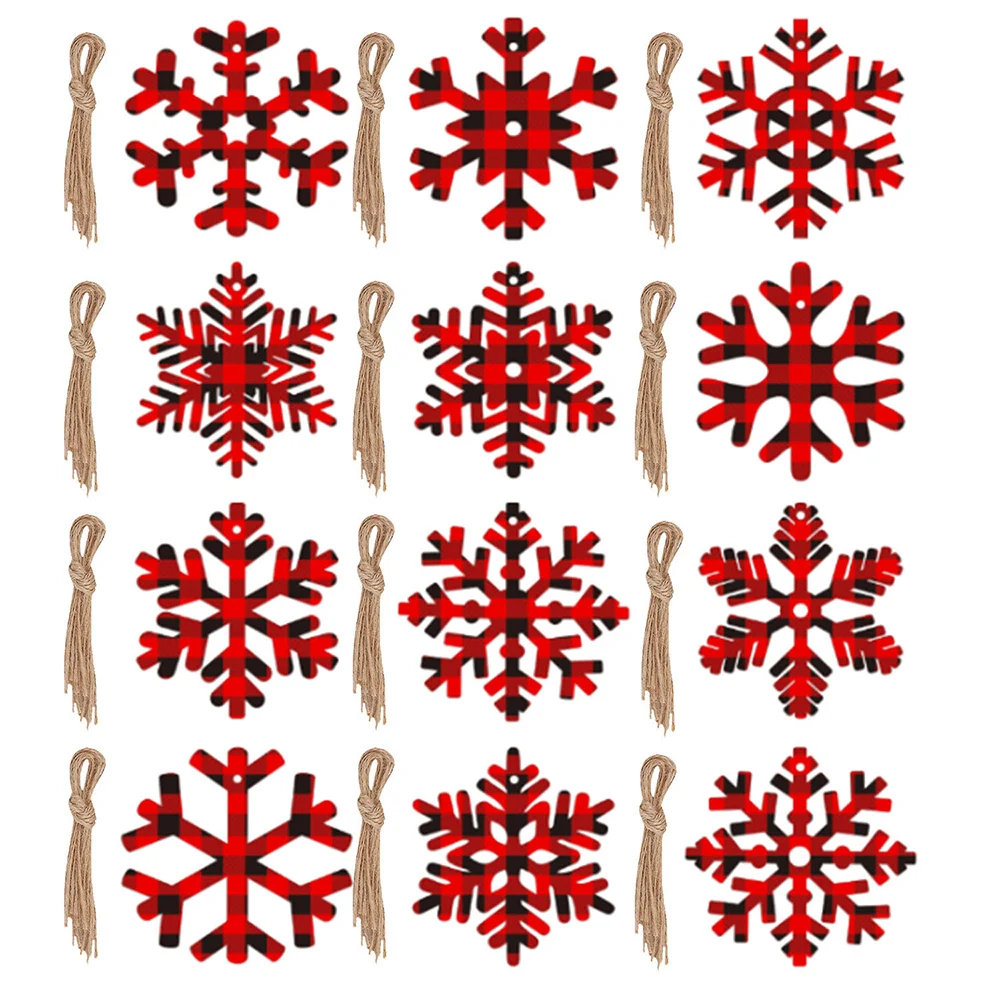 

10pcs Christmas Snowflake Ornaments Wooden Cutouts Buffalo Plaid Snowflake with Rope for Xmas Tree Hanging Christmas Party Decor