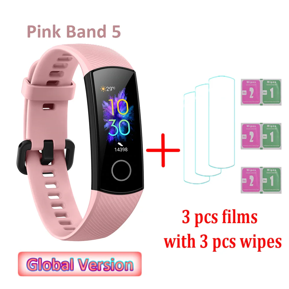 Pink with 3 films Global Versio huawei Honor Band 5 4, умный Браслет, умный браслет, шагомер, сенсорный экран, для плавания, сердечного ритма, сна, монитор - Цвет: Pink with 3 films