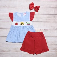 fashion handmade boutique summer girls smocked clothing short sleeve white shirt top blue shorts baby outfit clothes for school