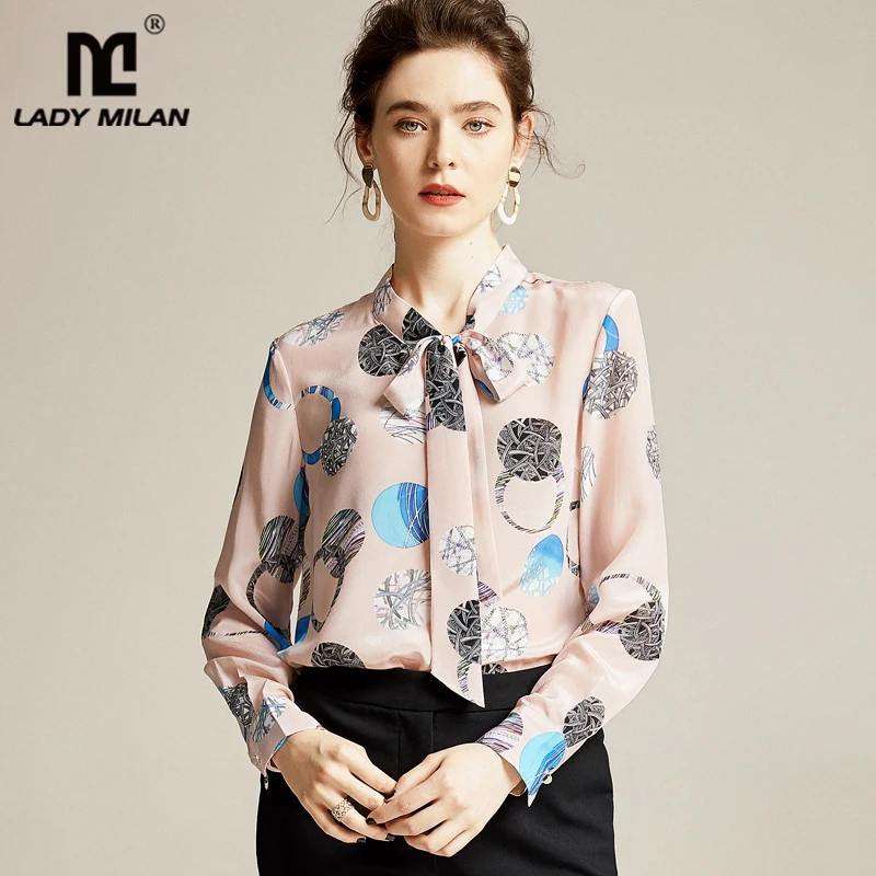 100% Pure Silk Women's Runway Shirts Bow Collar Long Sleeves Printed Elegant Spring Summer Casual Fashion Blouse Tops Shirt | Женская