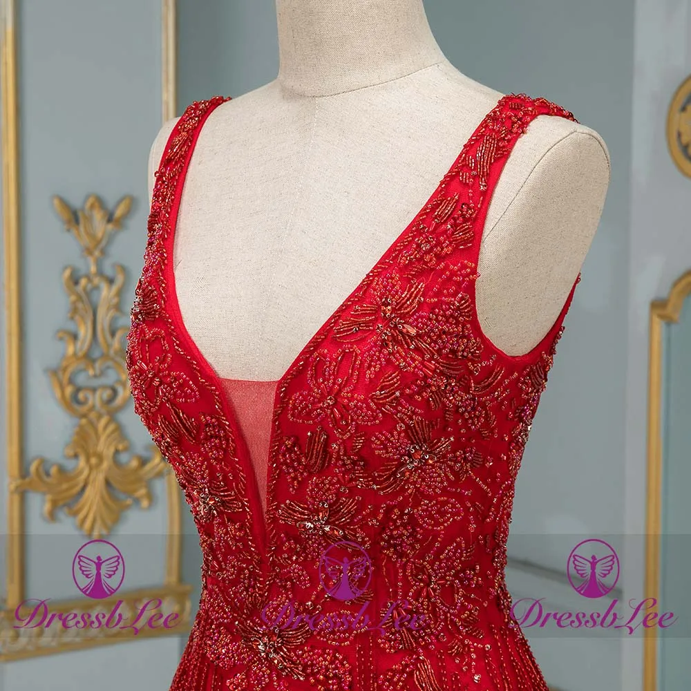 DressbLee 2020 Fashion Red Long Crystal Prom Dress Sleeveless Fringed Pageant Dress Robe de Soiree