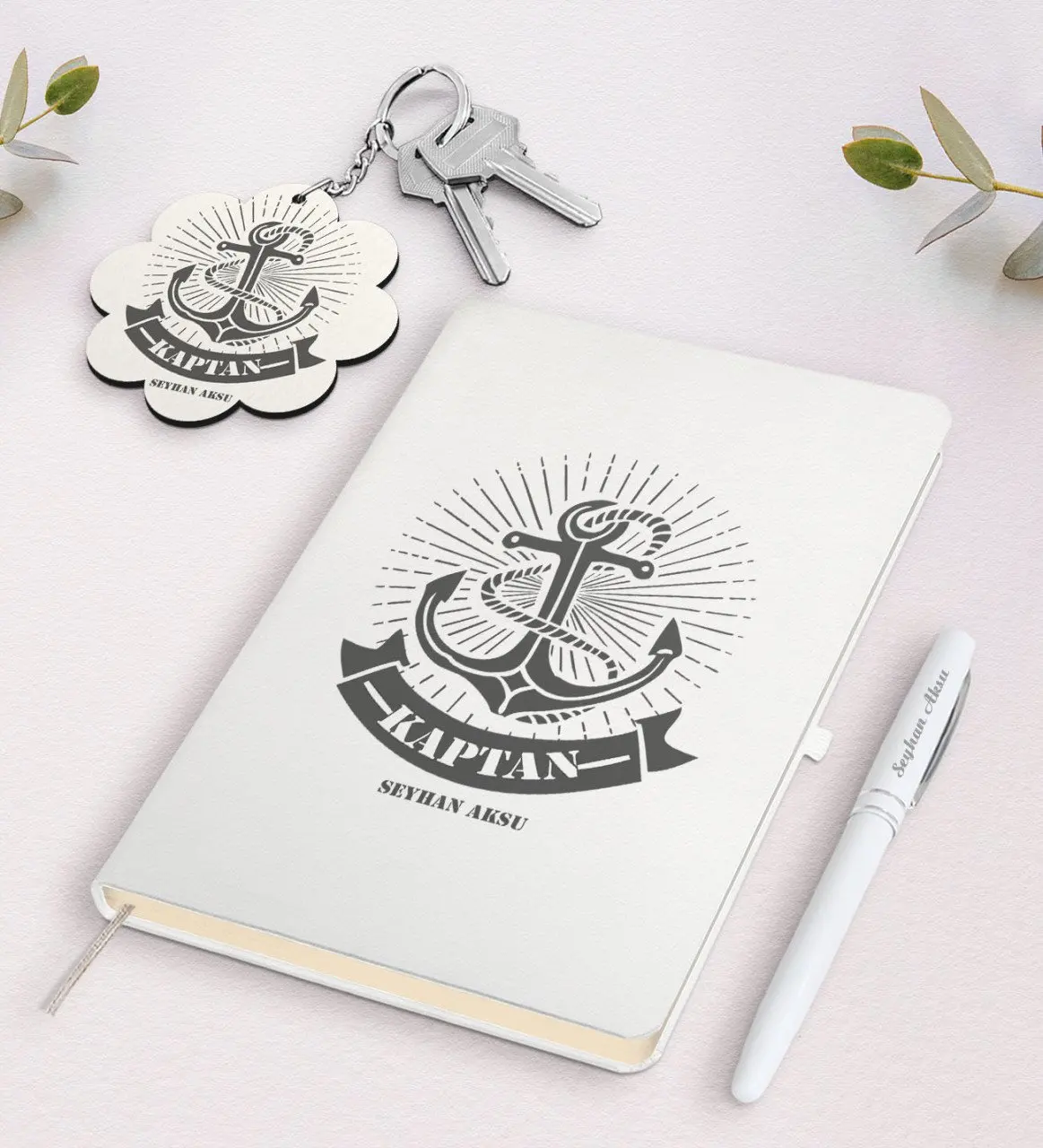 

Personalized Captain White Notebook Pen And Keychain Gift Seti-7