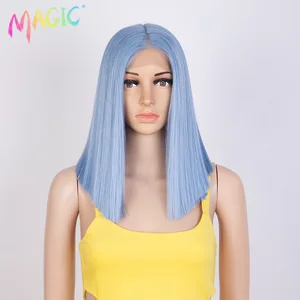 Magic Synthetic Lace Wig Short Bob Straight Hair 14 Inch Blue Ombre Highlights Color Cosplay Wigs For Black Women Soft Hair