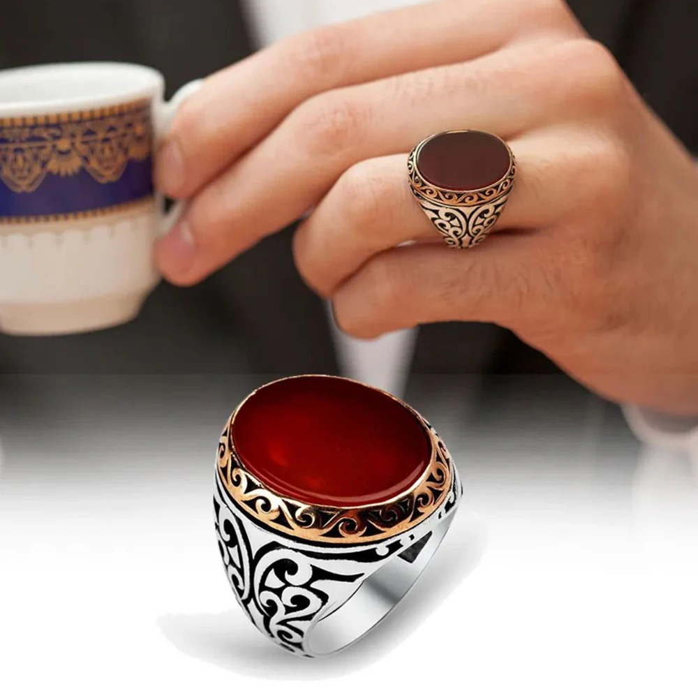

Men's Ring Sterling Silver Turkish Jewelry Red Agate Stone All size