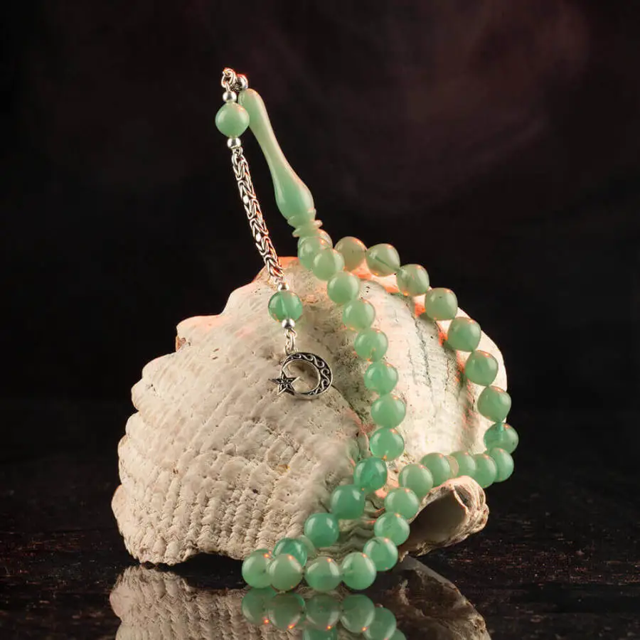 

Light Green Amber Gemstone Prayer Rosary Men Sphere Cut Rosary With Silver Tassel Turkish Tasbih With Moon Star Model Tassel