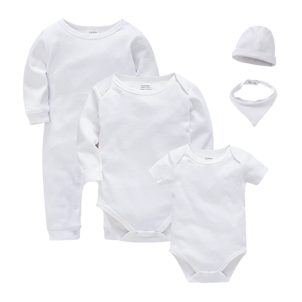

Kavkas Spring 5 Pcs Baby Boys Girls Clothing Set Solid Romper Hats Bibs Gift Kids Jumpsuit Costume Outfit For Newborn 0-12M