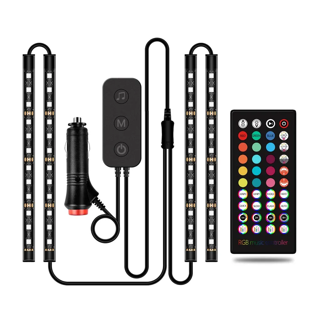 

Car LED RGB Interior Atmosphere Strip Light Decorative Foot Lamp Remote Music Control Multiple Modes For Car Cigarette version