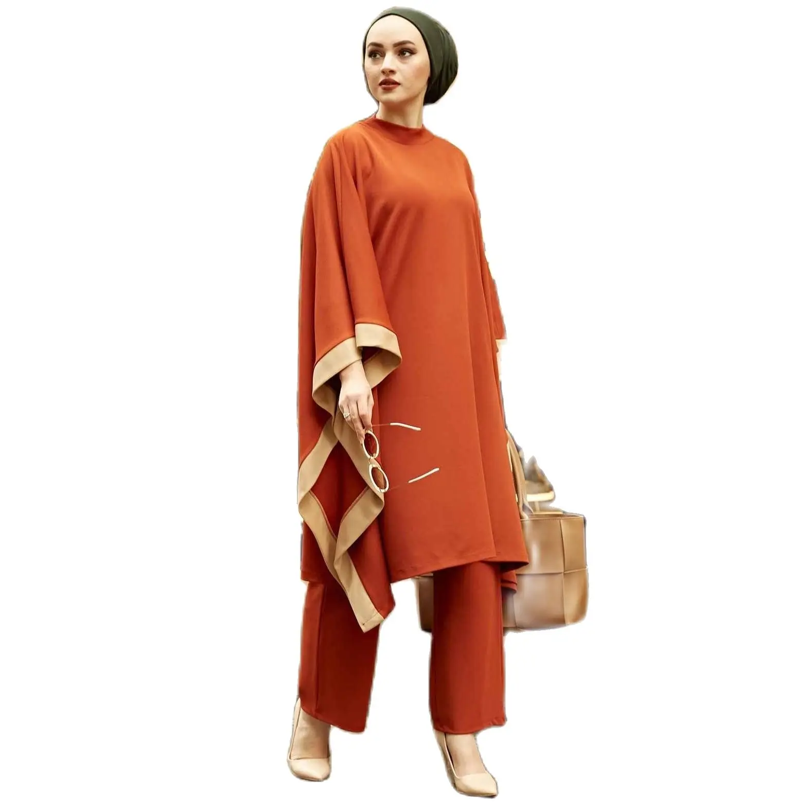 2 Piece Big Size Women's Set Bat Wing Sleeve Half-Turtleneck and Baggy Tunic Top and Baggy Pant Set 4 Seasons One Size Turkey