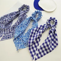retro blue bow scarf hair ties square bandana scrunchies for women girls ponytail holder vintage elastic band hair accessories