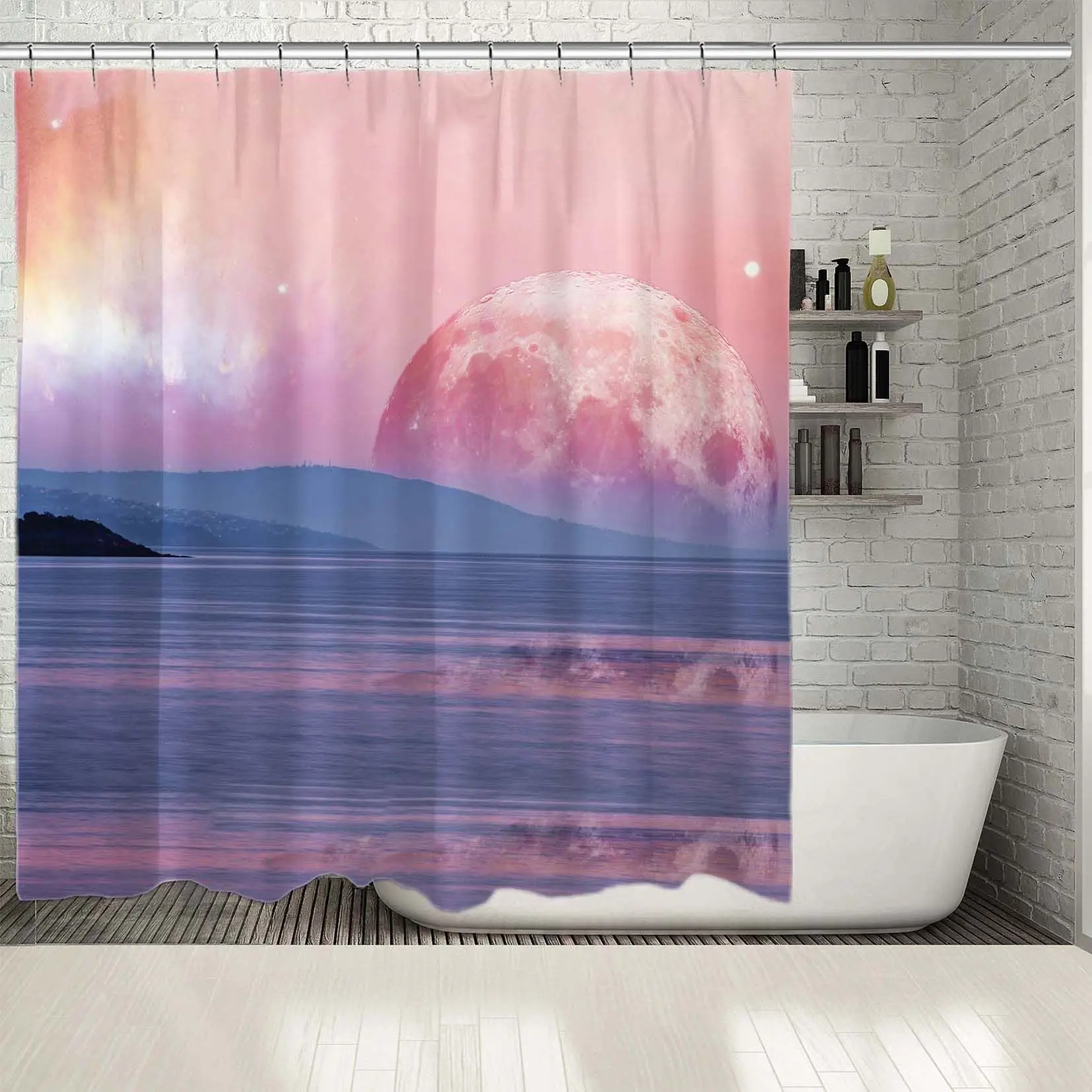 

Shower Curtain Huge Moon Reflects in Calm Ocean Water Landscape of Alien Planet Futuristic Photo Printed Pink Blue