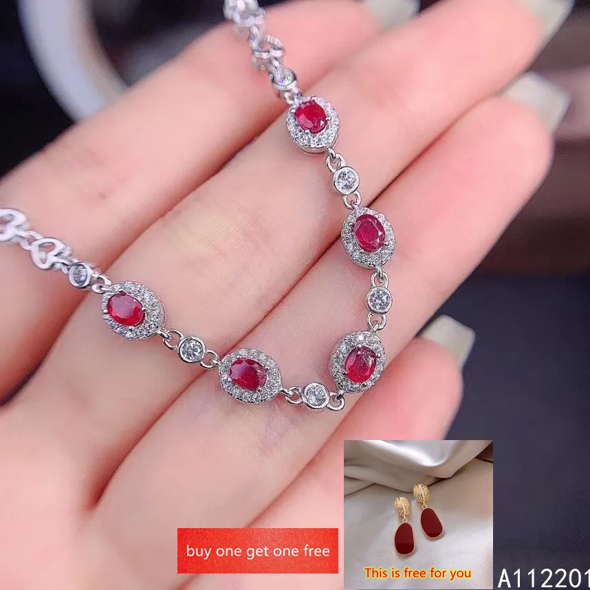 Fine Jewelry 925 Sterling Silver Inset With Natural Gemstones Women's Popular Lovely Fresh Ruby Hand Bracelet Support Detectio