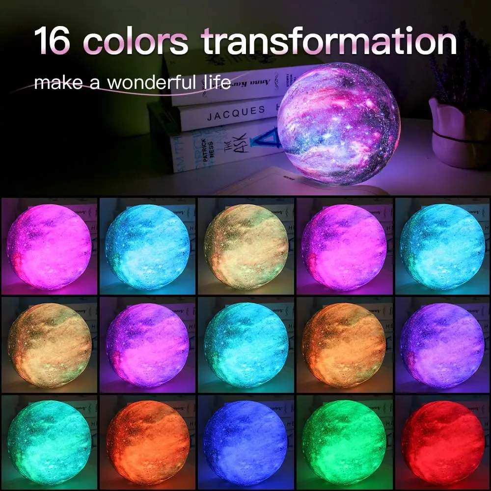 

Moon Lamp Kids Night Light Galaxy Lamp 5.9 inch 16 Colors LED 3D Star Moon Light with Wood Stand, Remote & Touch Control USB Rec