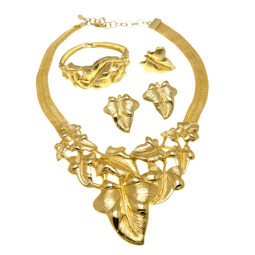 2022 новый комплект ювелирных изделий из Дубая с золотым покрытием ожерелье с листьями серьги сексуальные аксессуары H00163