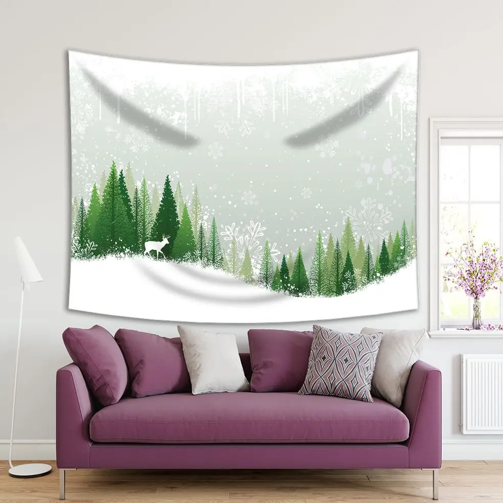 

Tapestry Winter Forest Reindeer Fir Trees Snowflakes Green and White New Year Christmas Holiday Nature Theme Artwork Print