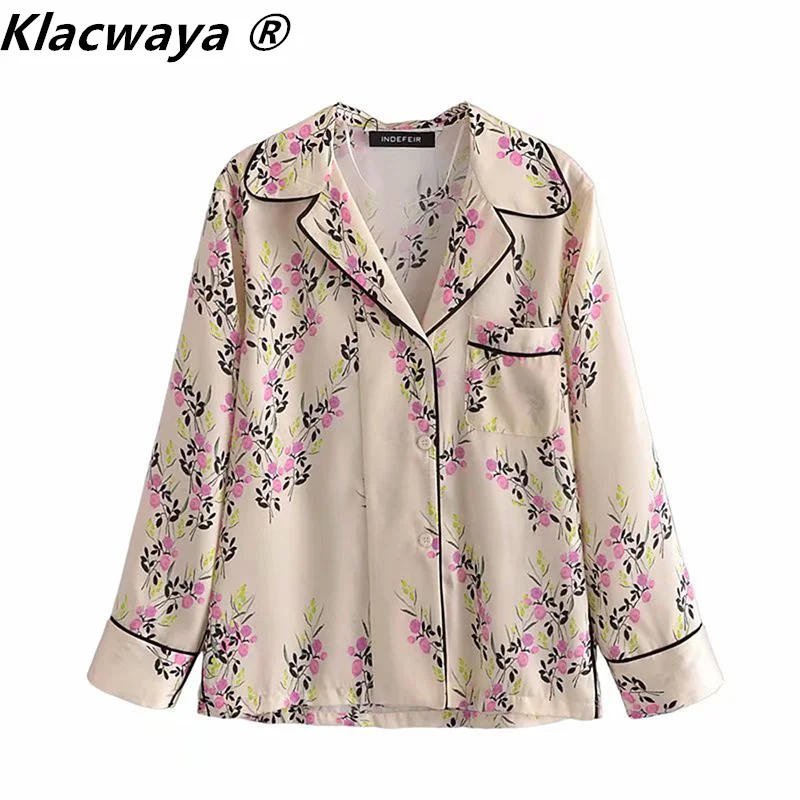 

Klacwaya Women 2021 Vintage Ribbon Edge Floral Print Smock Blouse Elegant Female Chic Pocket Leisure Kimono Shirts Blusas Tops