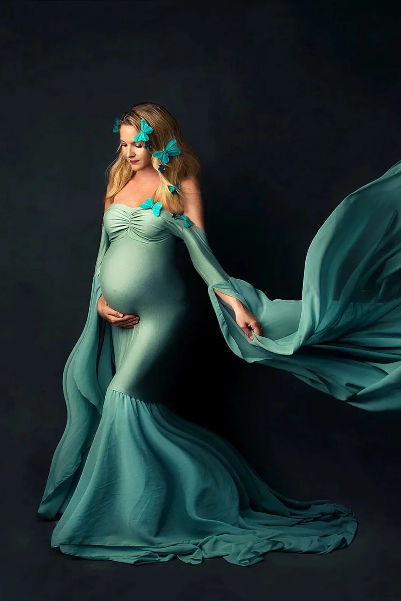 

CloverBridal Chiffon Cloak Off Shoulder Maternity Party Dress Coffee Pregnant Woman Photography Dresses Tail Photo Gown WP9806