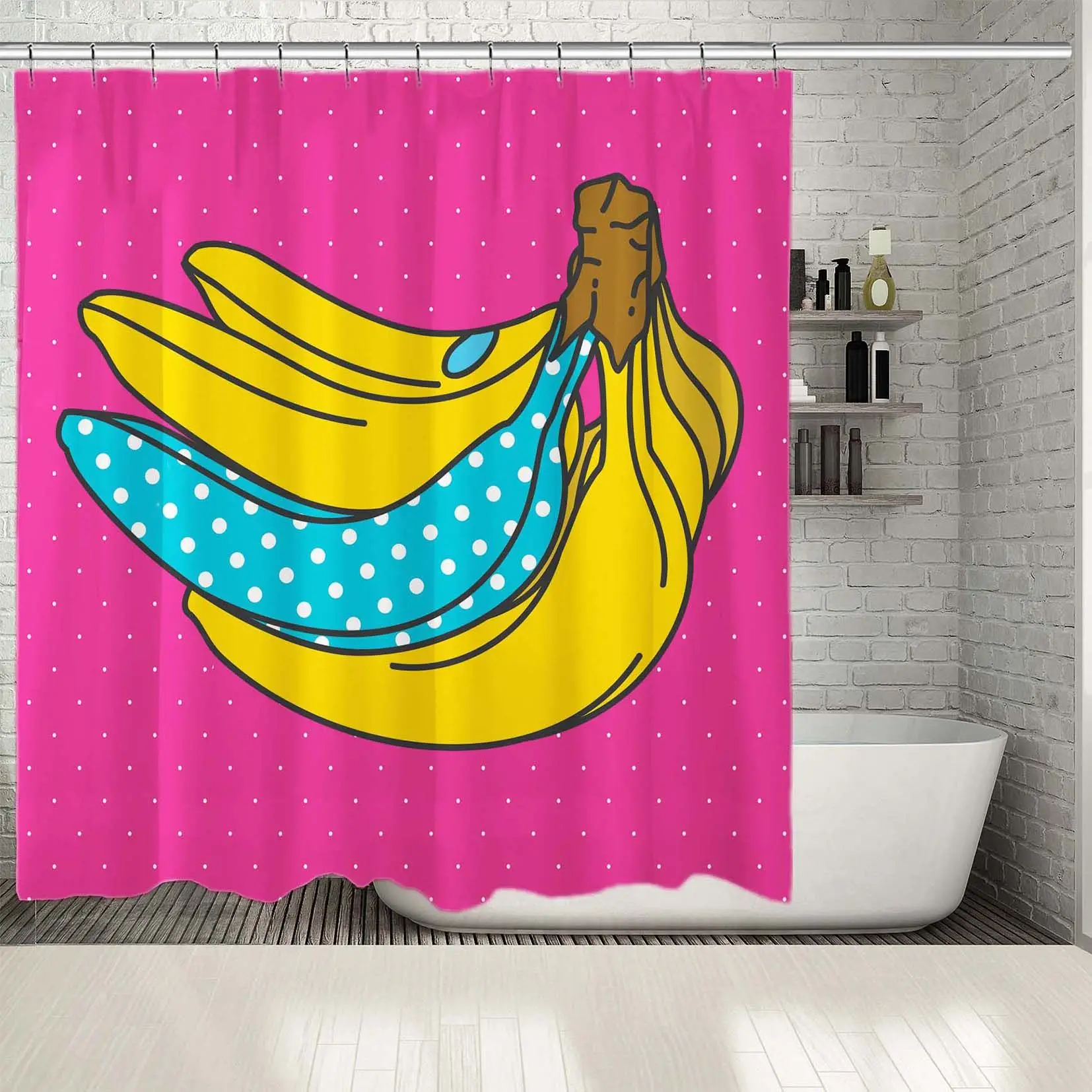 Занавеска для душа поп арт узор в горошек Банан Фрукты стилизованные Винтаж 80s 90s