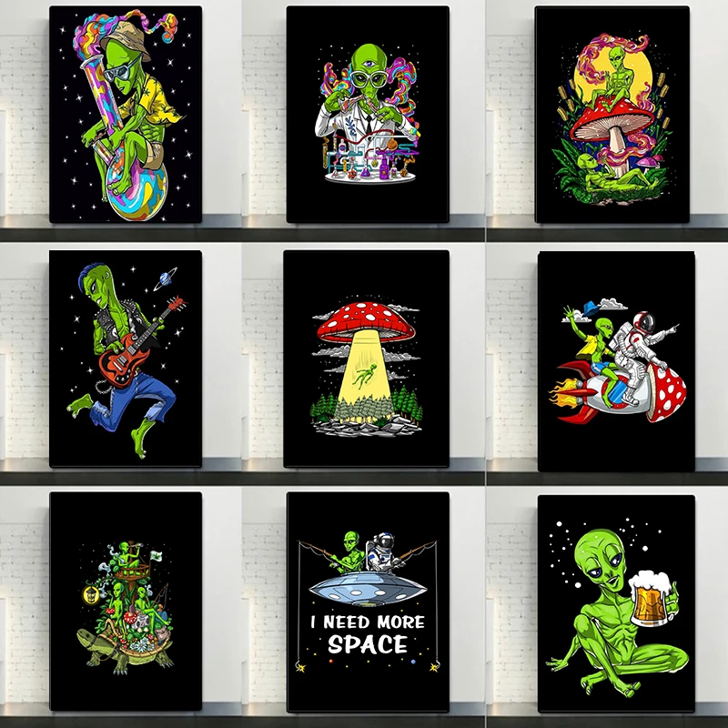 

Funny Aliens Canvas Painting Wall Art Cute Space Green Monster Posters And Prints For Living Room Cartoon Home Decor Cuadros