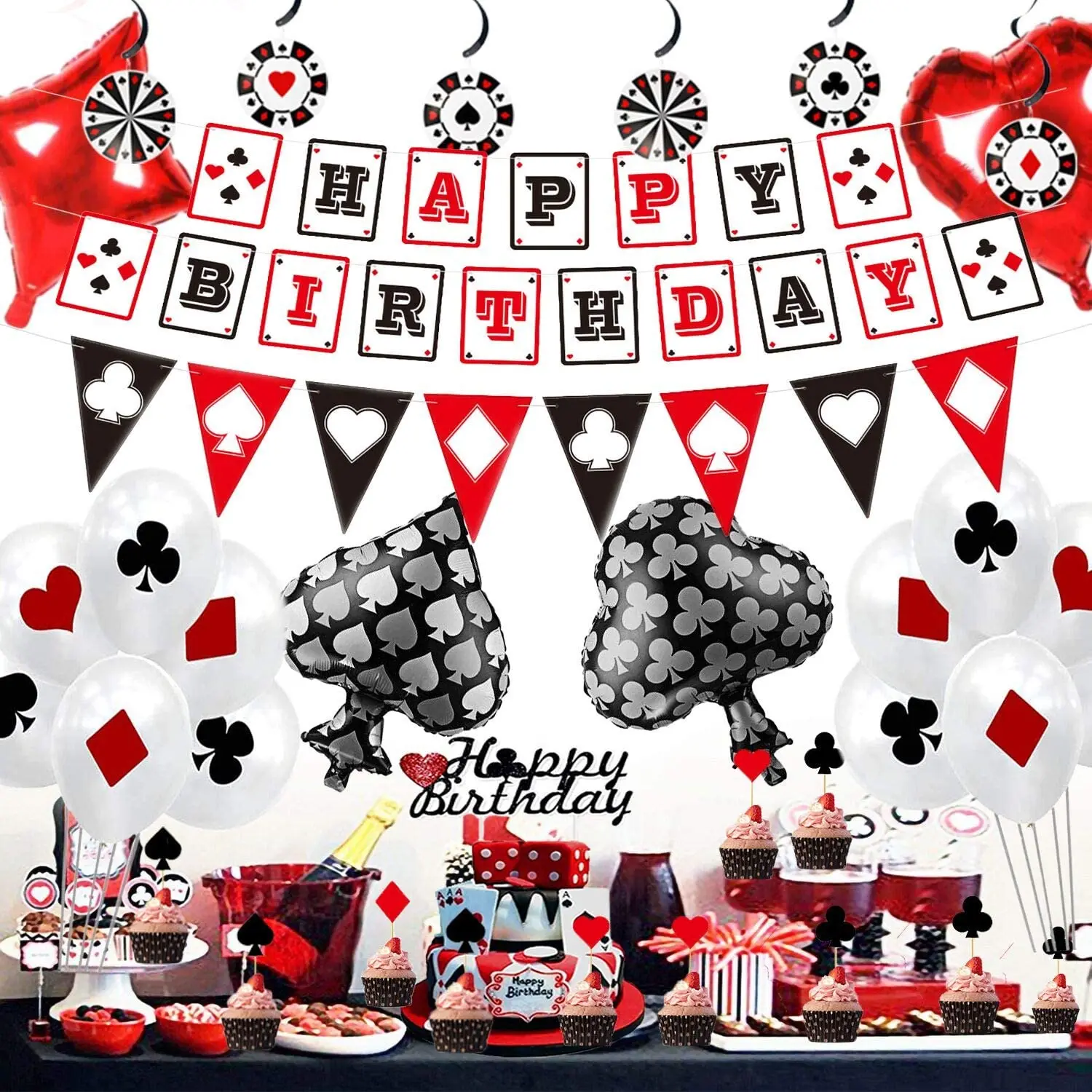 49 Pcs Casino Themed Party Supplies Including Playing Cards Happy Birthday Banner Hanging Flags Las Vegas Casino Decoration Se