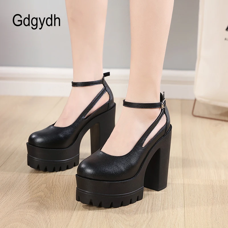 Купи Gdgydh Womens Goth High Heels Mary Jane Platform Black Leather Slip On Hollow Out Woman Pumps Buckle Strap Dress Shoe Footwear за 1,799 рублей в магазине AliExpress