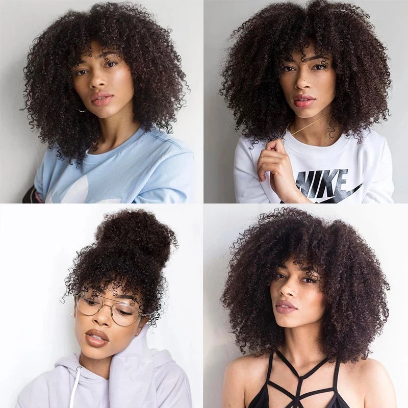 Афро кудрявые вьющиеся кружевные передние человеческие волосы парики с челкой