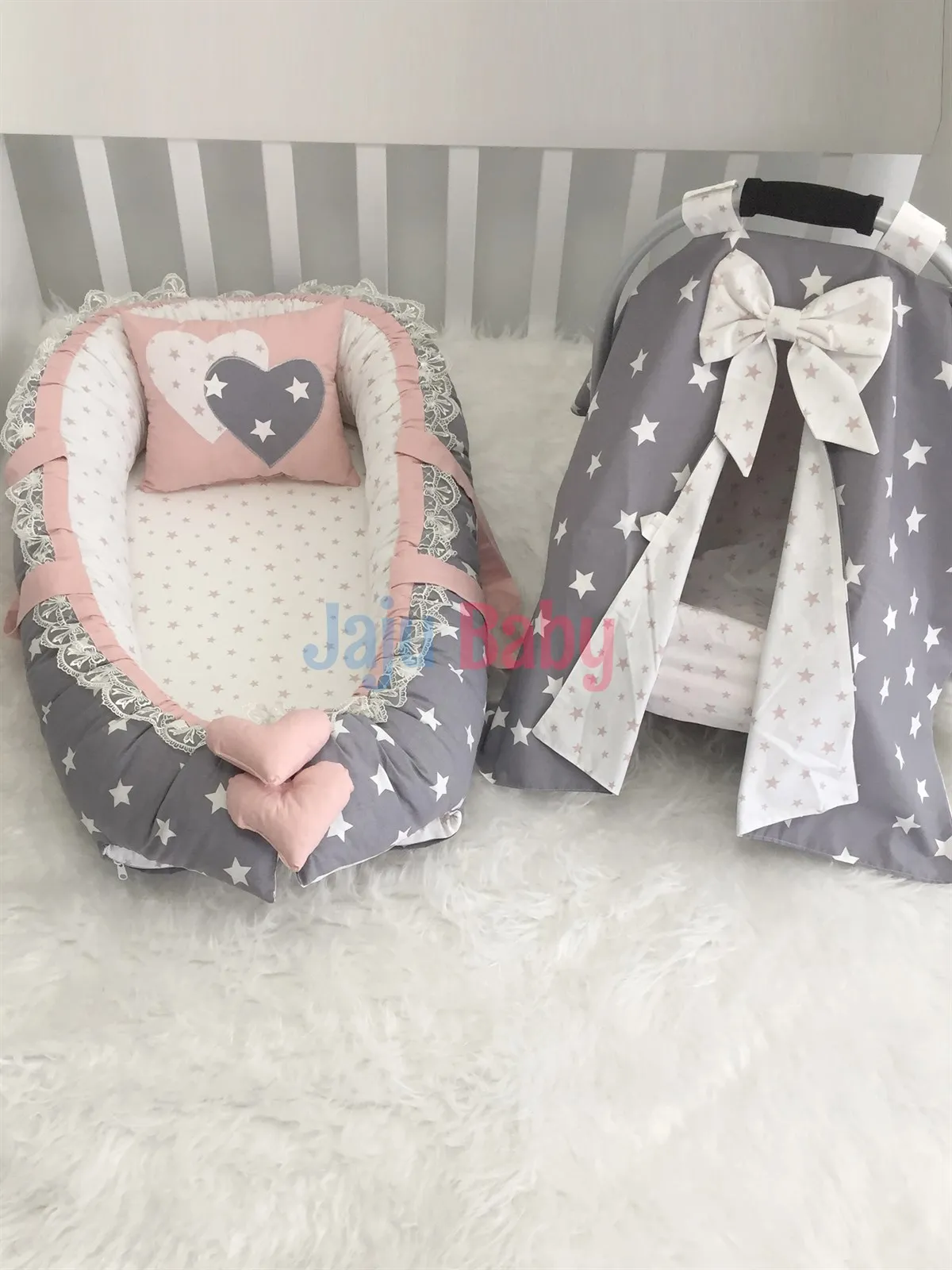 

Jaju Baby Handmade Gray Star, Pink Design Babynest and Stroller Cover, Stroller Sheet 3 Set Mother Side Portable Baby Bed
