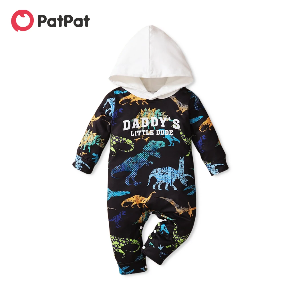 

PatPat Allover Dinosaur And Letter Print Black Hooded Long-sleeve Baby Jumpsuit