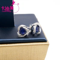 cadermay silver 925 earrings with round shape artificial blue sapphire earrings studs for women moissanite jewelry birthday gift