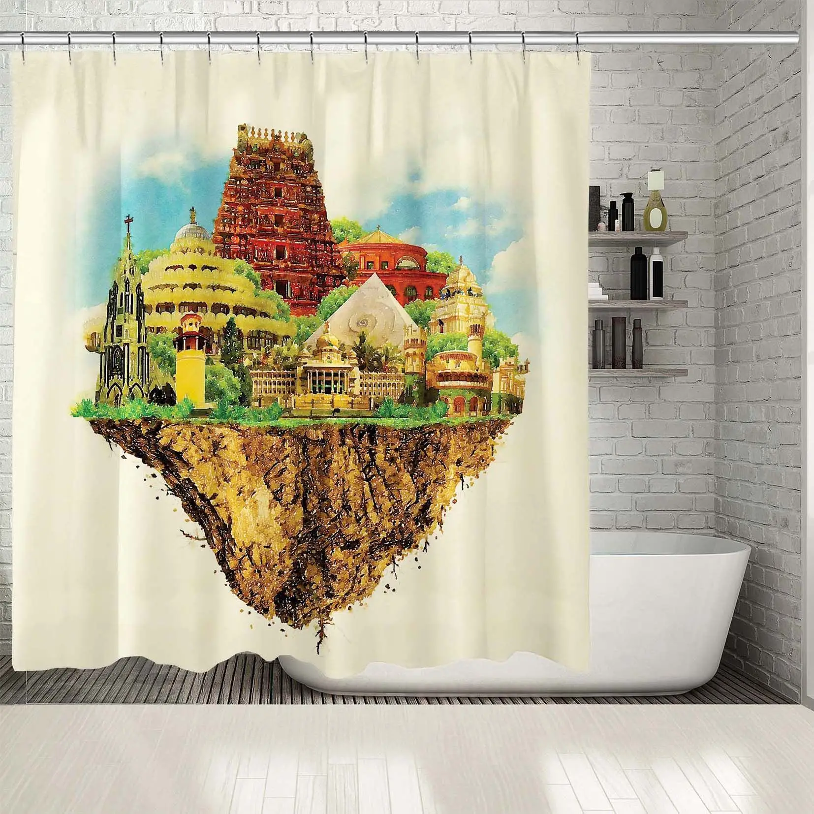 Душ занавеска дерево плавающий остров горячий воздушный шарик и самолет в небе