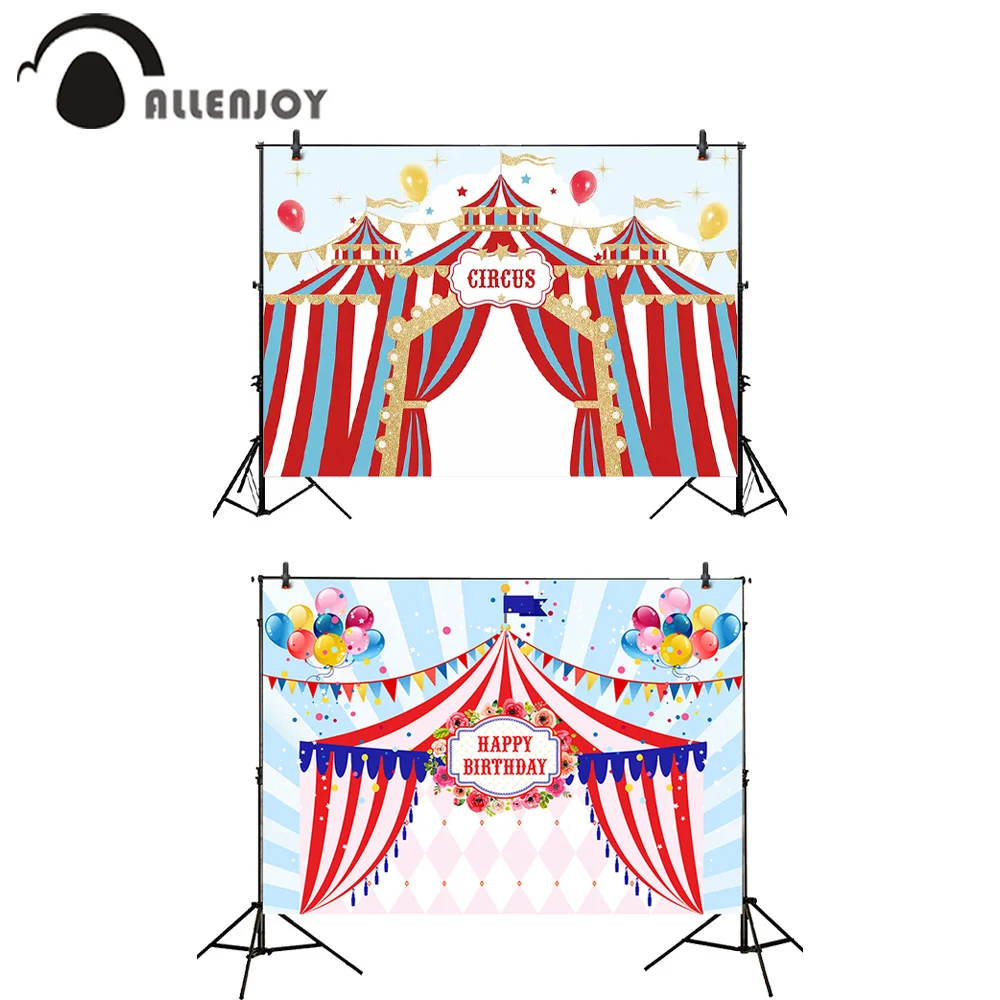 

Allenjoy Happy Birthday Backdrops Colorful Tent Flags Balloons Stars Stripe Circus Photozone Decor Baby Shower Party Supplies