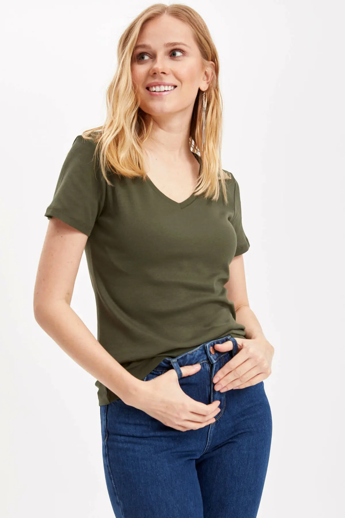 DeFacto Женская Однотонная футболка с v-образным вырезом модная женская простая