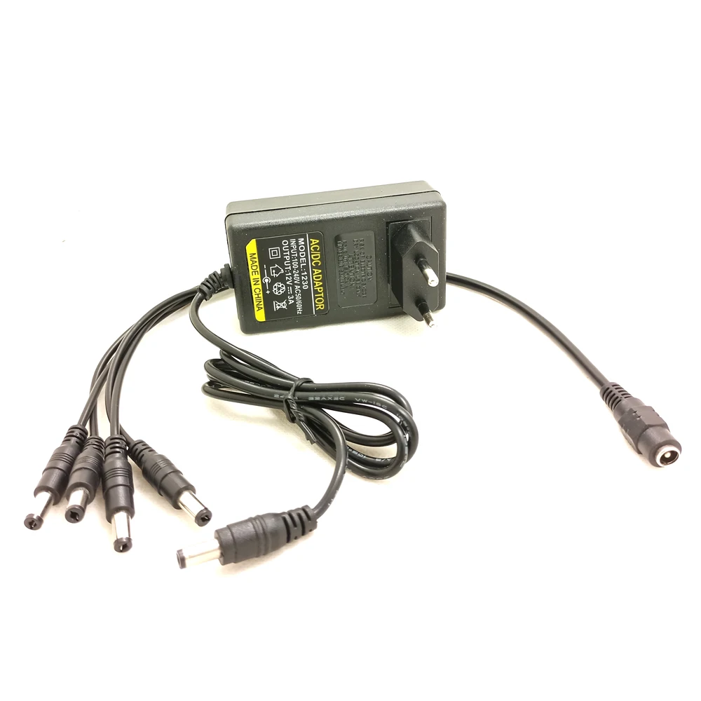 JIENUO DC 12V 3A EU Plug AC/DC Power Adapter Supply + 4 Split Cable for CCTV Camera DVR NVR IP AHD TVI CVI Analog | Безопасность и