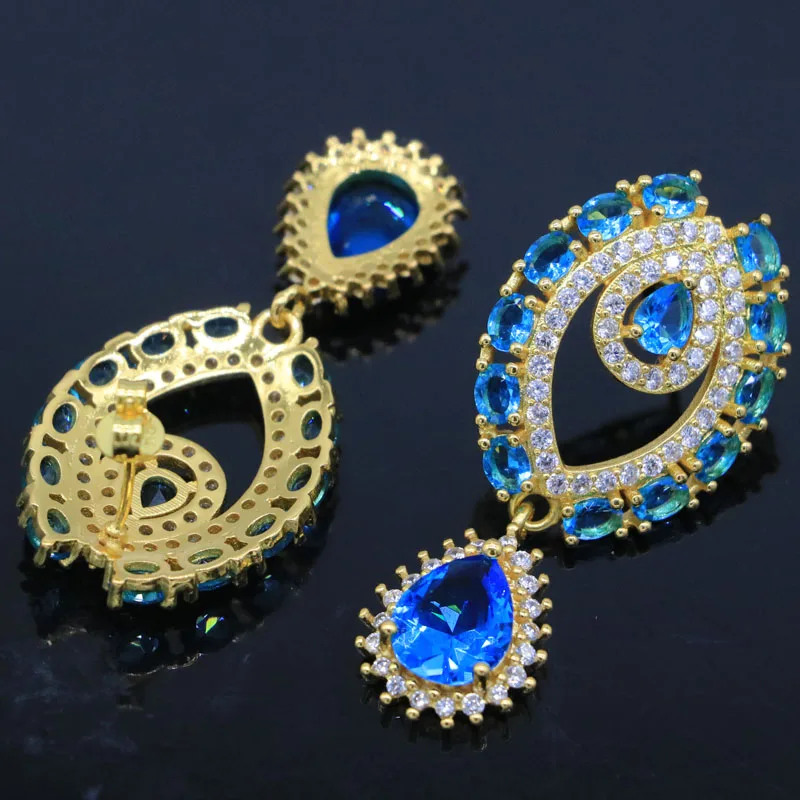 43x20mm Fancy 8.8g Created Swiss Blue Topaz For Women Daily Wear 14K Gold Silver Pendant Earrings | Украшения и аксессуары