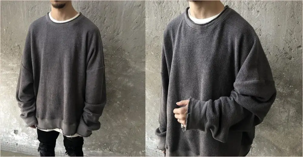 

XS-6XL Oversize Positive and Negative Cross Stitching Raw Edge Round Neck Oversized Pullover Tech Sweatshirt