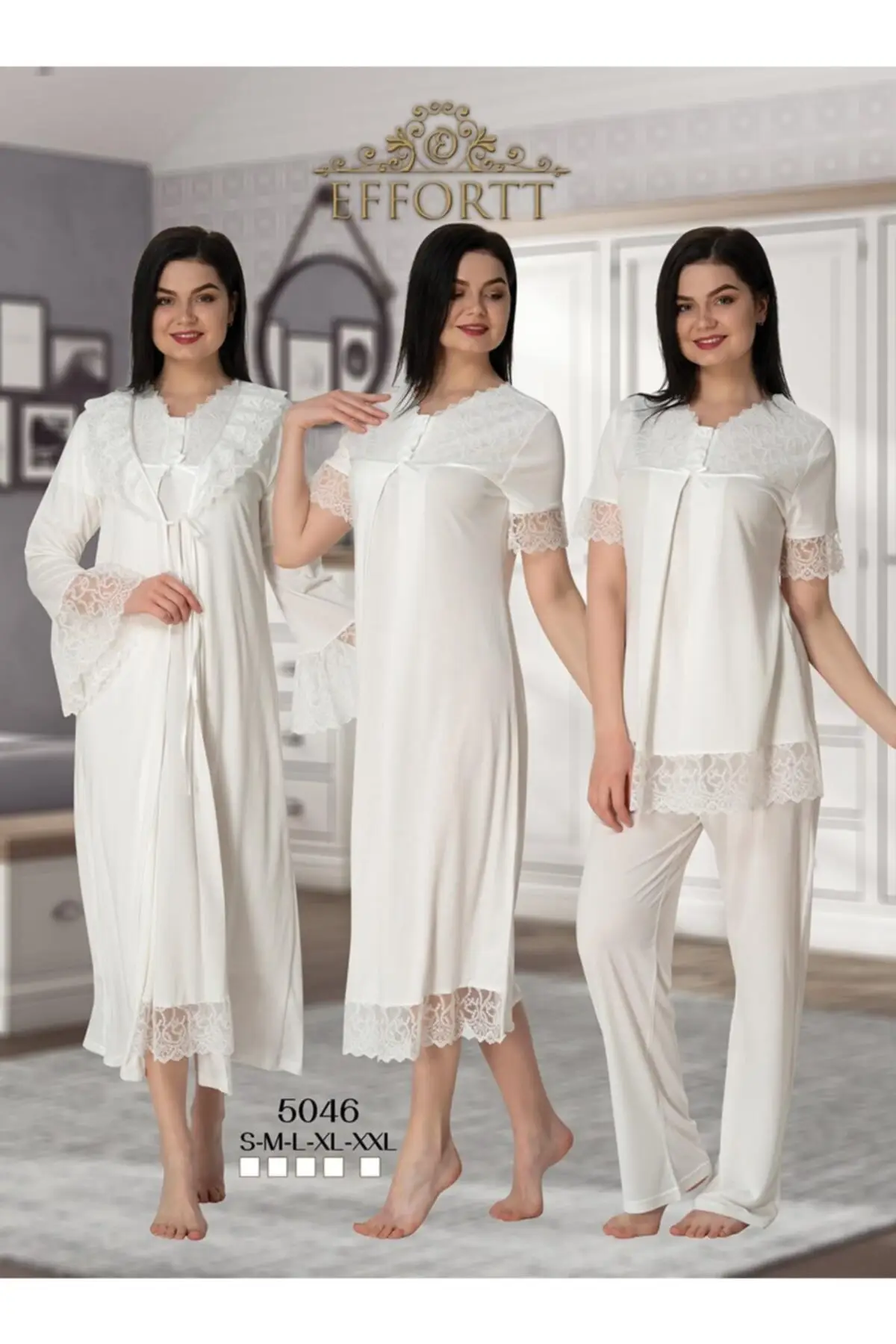 Effortt Women White Maternity Guipure Nightgown and Morning Gown Pajamas Set 4 Pieces