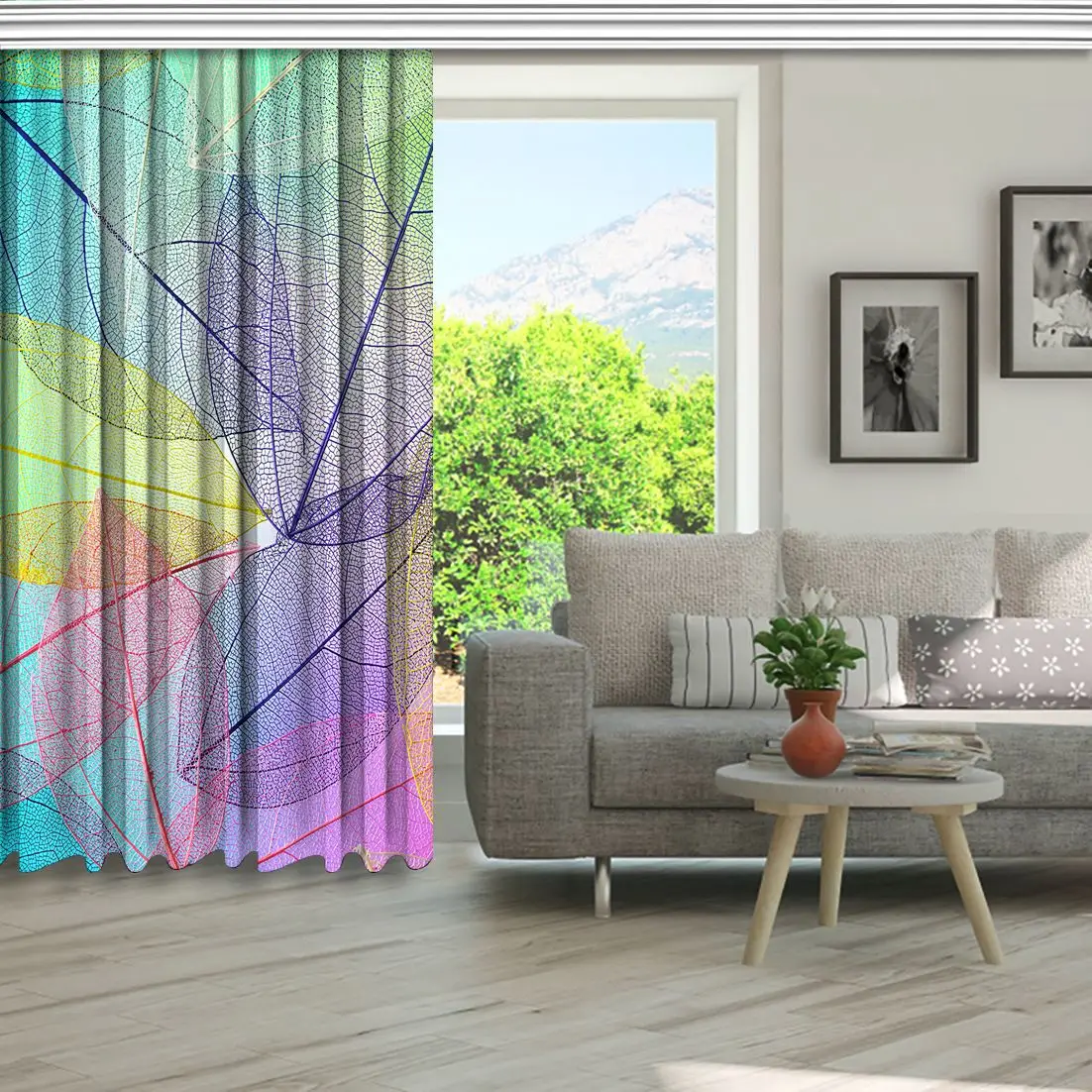 

Curtain Leaves Foliage Plants Exotic Nature Colorful Floral Artwork Printed Blue Yellow Pink