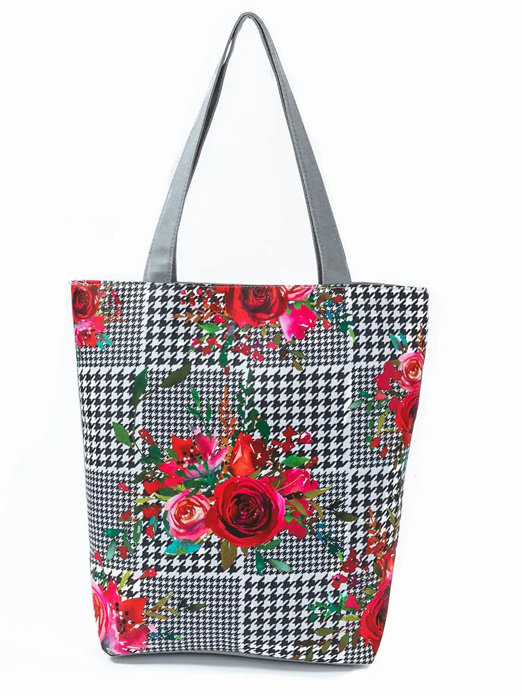 

Rose Houndstooth Printed Handbags High Quality Female Shoulder Bags For Women Big Capacity Eco Travel Bag Fashion Outdoors Packs